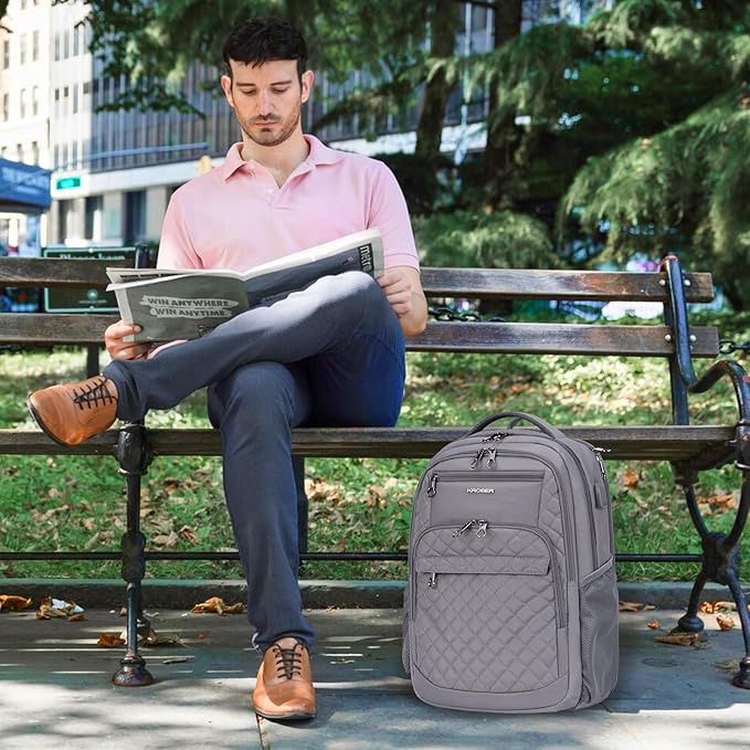 KROSER Travel Laptop Backpack 17 Inch Large Computer Backpack Water-Repellent Daypack with USB Charging Port & Headphone Interface RFID Pockets for Work/Business/College/Men/Women Dark grey(Quilted)