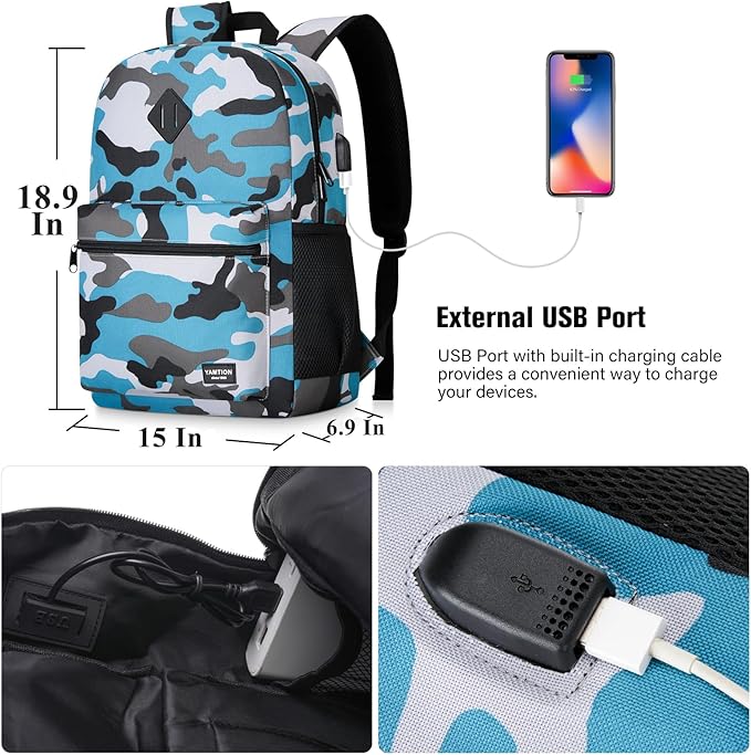YAMTION School Backpack,17.3 Inch Bookbag Men and Teen Boy School bag with USB Charging Port for High School College