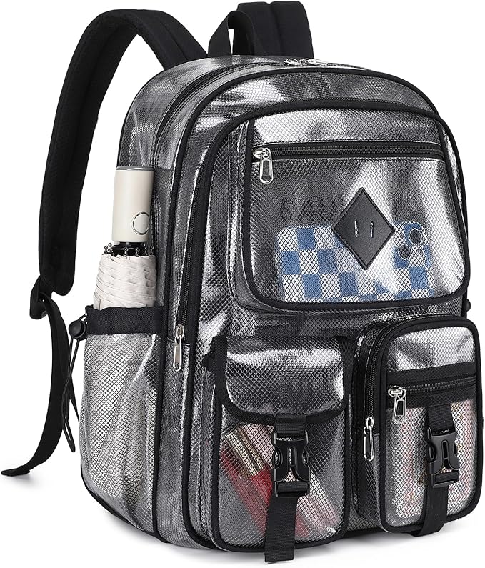 MOONBABY Clear Mesh Backpack for School Heavy Duty See Through Backpack Transparent Net Bookbag Girls Boys Back Pack for Swimming, Beach, Sports, Work, Travel (Black)