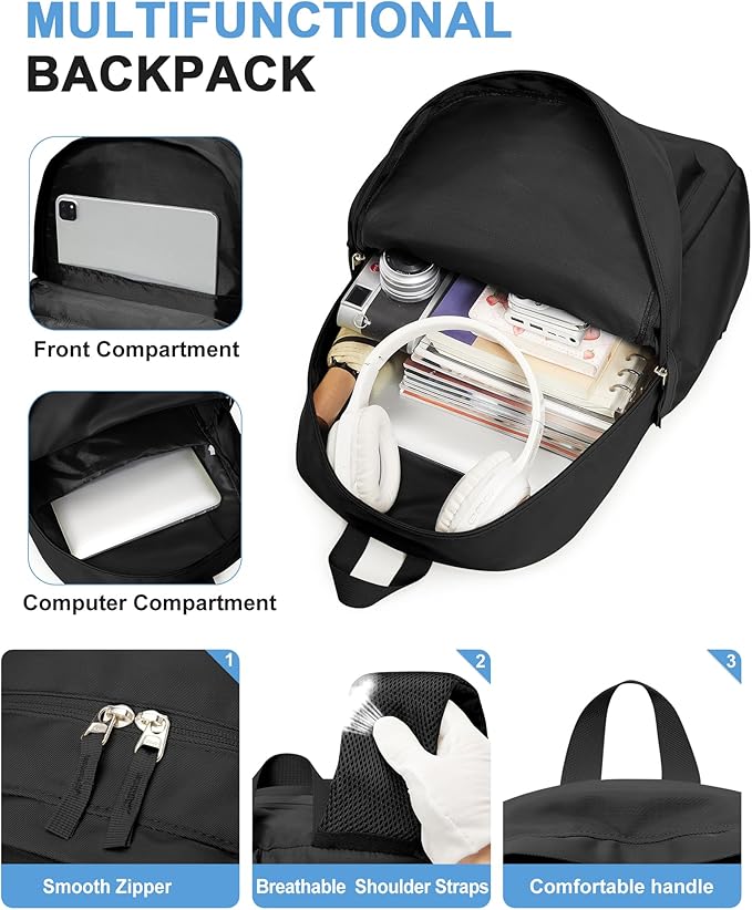 VGCUB Black School Backpacks Travel Book Bag Waterproof Work Light Aesthetic College Backpack for School Girls Boys Teens Mochilas Escolares Para Niñas Casual Daypack for Women Men