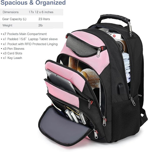 Boavan Laptop Backpack for men, 15.6 inch Laptop Bag with USB Port, Waterproof Travel Work Backpack Purse, Anti-Theft Teacher Nurse Doctor Casual Bookbags Office Business backpack，PinkBlack