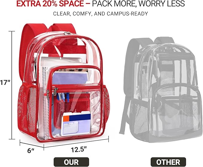 ZORFIN Clear Backpack Heavy Duty for School & Work – 17in Transparent PVC Bag with Large Capacity & Reinforced Straps – See Through Bookbag for Men, Women, Boys & Girls, Workplace Security - Red