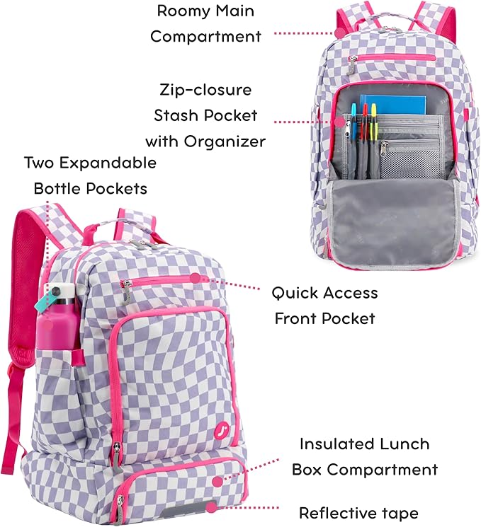 J World New York 2-in-1 Insulated Backpack Lunch Box for Kids. Adult School Bookbag, Lavender Checkers