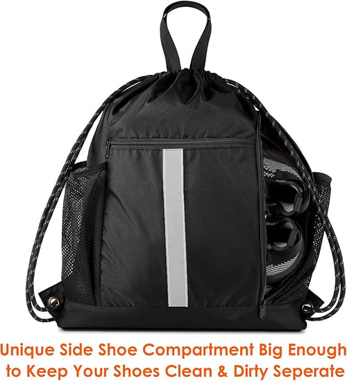 BeeGreen Drawstring Backpack Bag Sports Gym Backpack with Shoe Compartment and Two Water Bottle Holder for Men Women Large String Backpack Athletic Sackpack Workbag Black