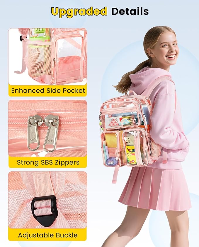 Vorspack Clear Backpack Heavy Duty - Multi-pockets Clear Bookbag Transparent See Through Backpacks for College Work Festival - Pink