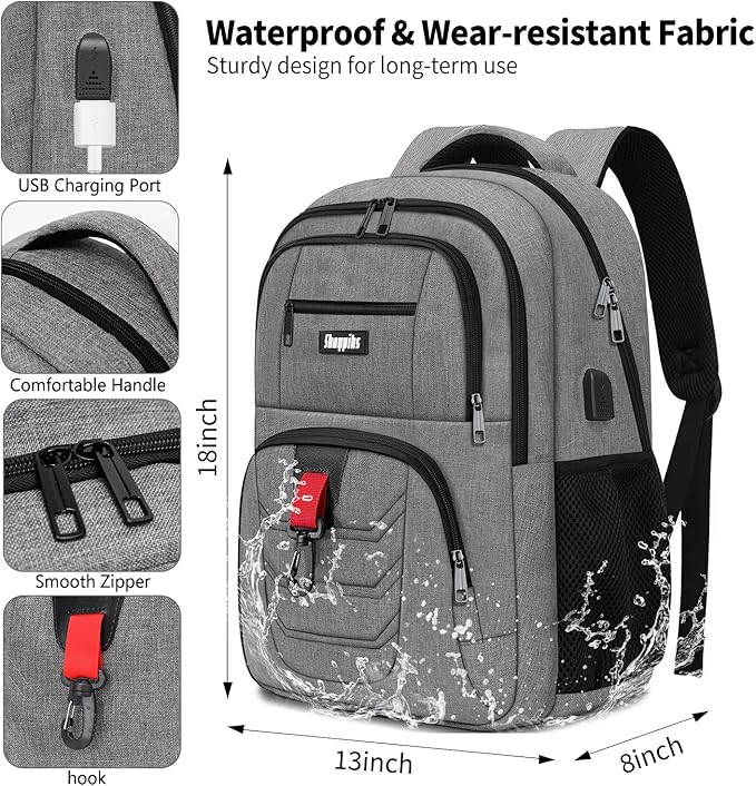 School Backpack for Boys Teens, Backpack for Men Women, 15.6 Inch Laptop Backpacks with USB Port, Water Resistent book bag, Work College Student Bookbag, back pack, Grey