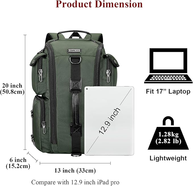 WITZMAN Travel Backpack for Men Carry On Backpack Duffel Bag Large Capacity Laptop Backpack 17 Inch (6695 Army Green)