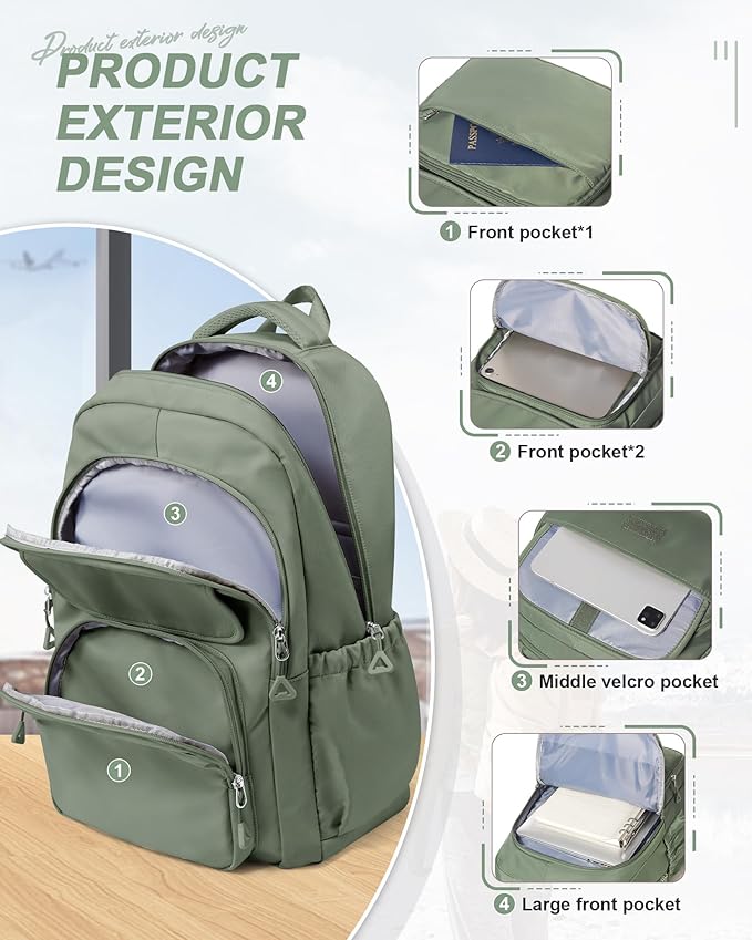 Student School Backpack for Teen Girls Middle High School Bookbag Casual Daypack, 15.6 Inch Laptop Backpack for College, Green