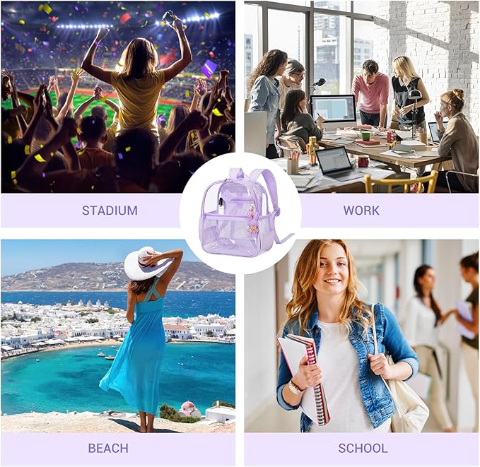 Clear Backpack for Stadium Events Approved 12×6×12, Thick TPU Mini Clear Bag with Front Pocket for Concert Sport Events Work Travel, Purple