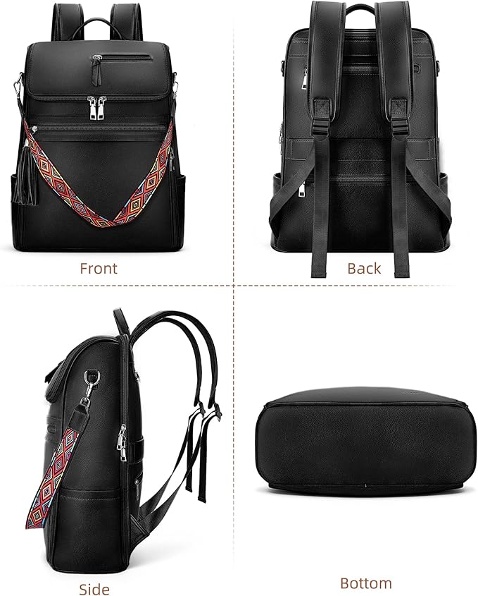 Leather Laptop Backpack for Women Designer Laptop Bag, 16.5 inch Travel Computer Backpacks Purse with Tassel for Work Business with Satchel Purse Black