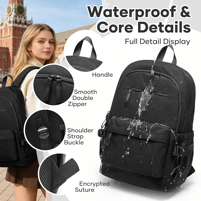 School Bag, Water Resistant School Backpack for Teen Girls Boys, 14 Inch Laptop Backpack for Women Men, Durable Lightweight Bookbag for Middle High School & College, Travel Daypack, Black