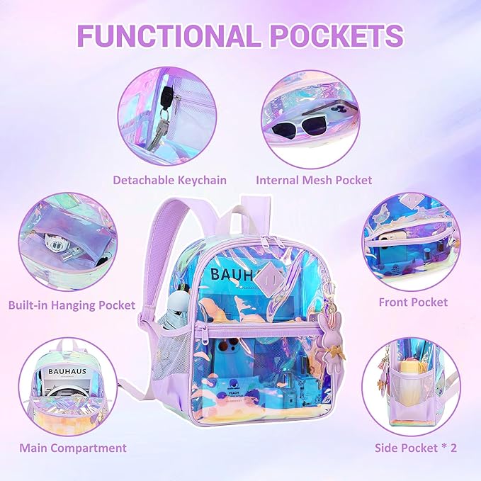 Clear Backpack for Stadium Events Approved 12×6×12, Thick TPU Mini Clear Bag with Front Pocket for Concert Sport Events Work Travel, Purple Iridescent