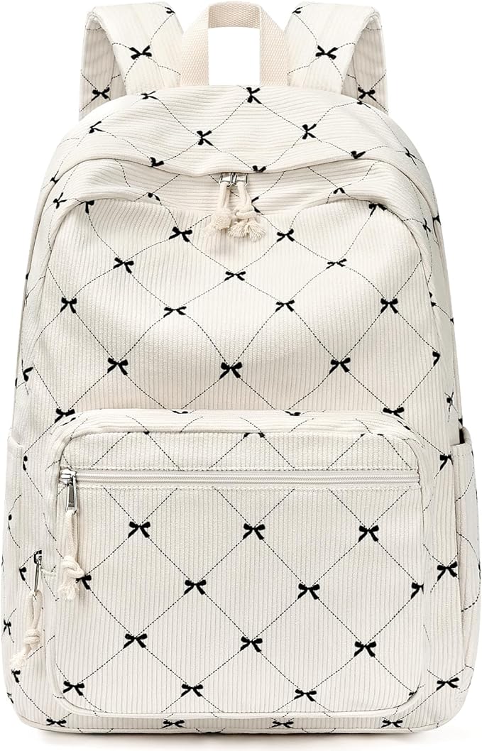 mibasies School Backpack for Girls with Laptop Sleeve: 18IN Large Capacity Corduroy Bookbag for Primary Middle School/College, Travel Daypack for Teens Women - Beige Bow