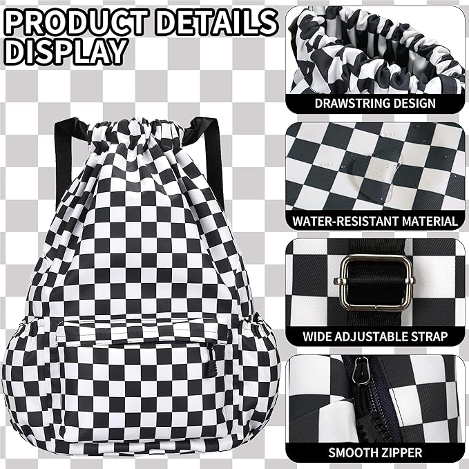 Drawstring Backpack for Women Drawstring Gym Bag Water Resistant Small Cinch Sack Pull String Backpack Bag (Checkered-Black)