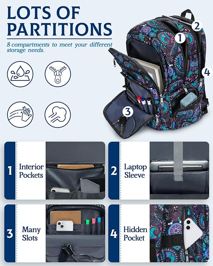 Large Backpack for Women Backpack with Lots of Pockets for Travel Work School Bookbag with Laptop Compartment for High School College Girls Mochilas Morrales para Mujer (Black/Teal, Paisley)