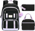 3 PCS Backpack for Teen Girls,Laptop Backpacks 15.6 Inch School Bag with Lunch Box Pencil Pouch Set for Students Aesthetic College Bookbag Travel Daypack(Black Purple)