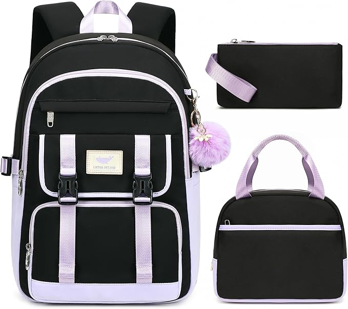 3 PCS Backpack for Teen Girls,Laptop Backpacks 15.6 Inch School Bag with Lunch Box Pencil Pouch Set for Students Aesthetic College Bookbag Travel Daypack(Black Purple)