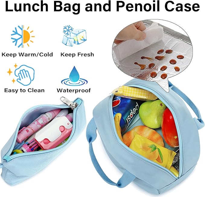 LXYGD 3 PCS Backpack for Teen Girls,Laptop Backpacks 15.6 Inch School Bag with Lunch Box Pencil Pouch Set for Students Aesthetic College Bookbag Travel Daypack(Blue)