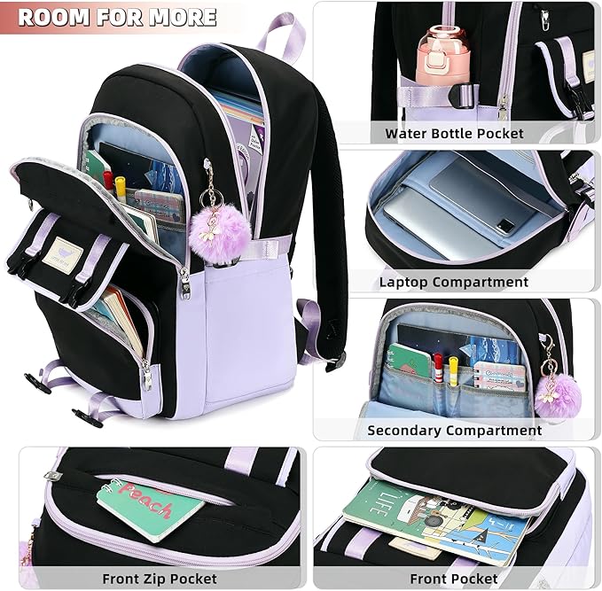 3 PCS Backpack for Teen Girls,Laptop Backpacks 15.6 Inch School Bag with Lunch Box Pencil Pouch Set for Students Aesthetic College Bookbag Travel Daypack(Black Purple)
