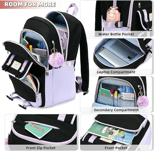 3 PCS Backpack for Teen Girls,Laptop Backpacks 15.6 Inch School Bag with Lunch Box Pencil Pouch Set for Students Aesthetic College Bookbag Travel Daypack(Black Purple)