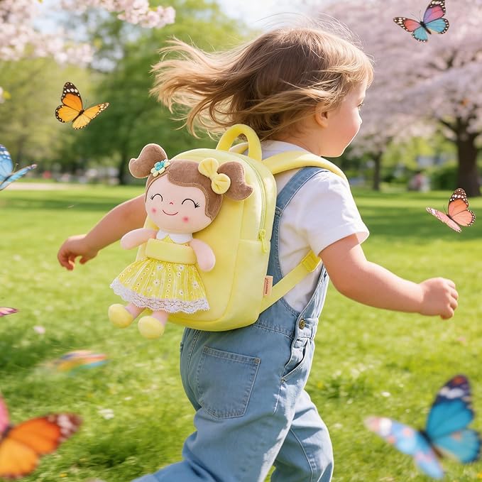Gloveleya Back to School Gifts for Girls Kids Backpack Toddler Girls Backpacks with Soft Plush Spring Girl Doll Toys Yellow