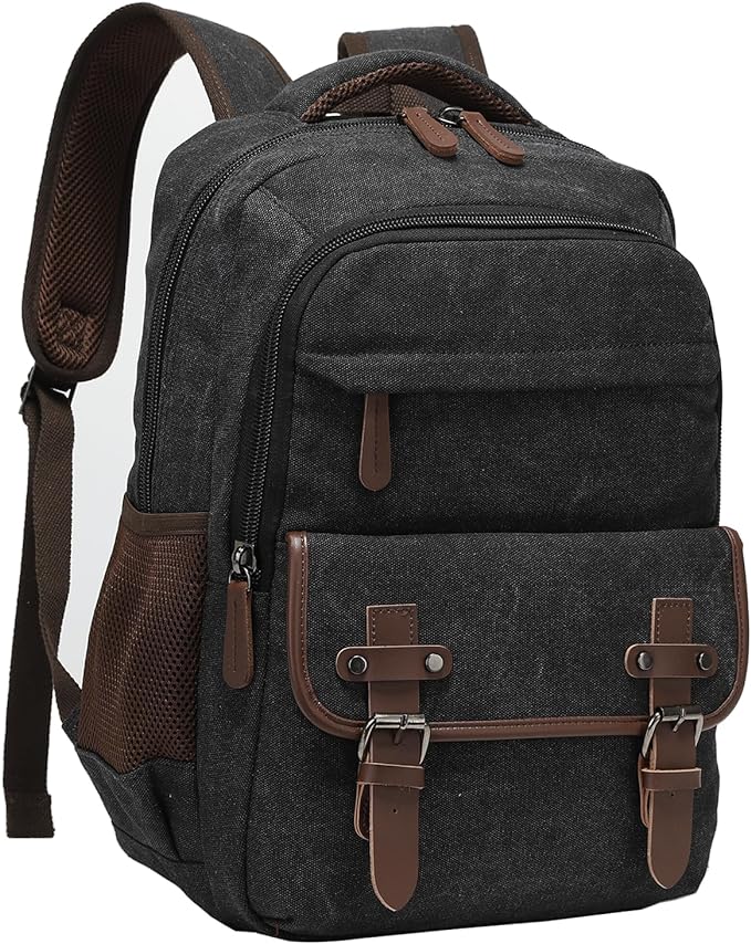 Canvas Laptop Backpack with USB Charging Port, Vintage Daypack for Men Women, Black Travel Work Rucksack College Computer Bag Bookbag Fits 15.6 Inch Lapop, Black
