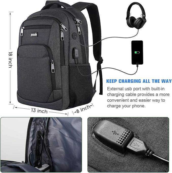 Paude Backpack for Men and Women,School Backpack for Teens,15.6 inch Laptop Backpack with USB Charging port for Business College Travel