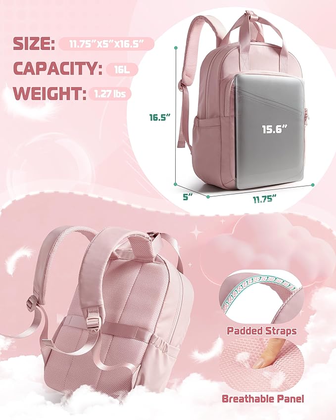 Women Backpack with 15.6” Laptop Sleeve for Travel, Work and College, Lightweight Water-resistant Backpack for Women with 8 Pockets, Pink