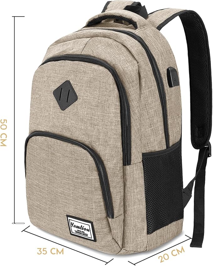 YAMTION School Backpack with USB Charging Port for Laptop College Travel Work Office Teens Beige Beige 15.6 Inches