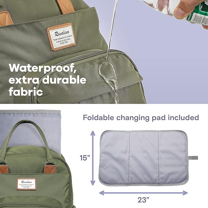 RUVALINO Diaper Bag Backpack-Expandable Baby Bag with up to 50% Capacity -Baby Essentials Bag with Changing Pad Insulated Bottle Holders & Pacifier Case, Waterproof, Army Green XL