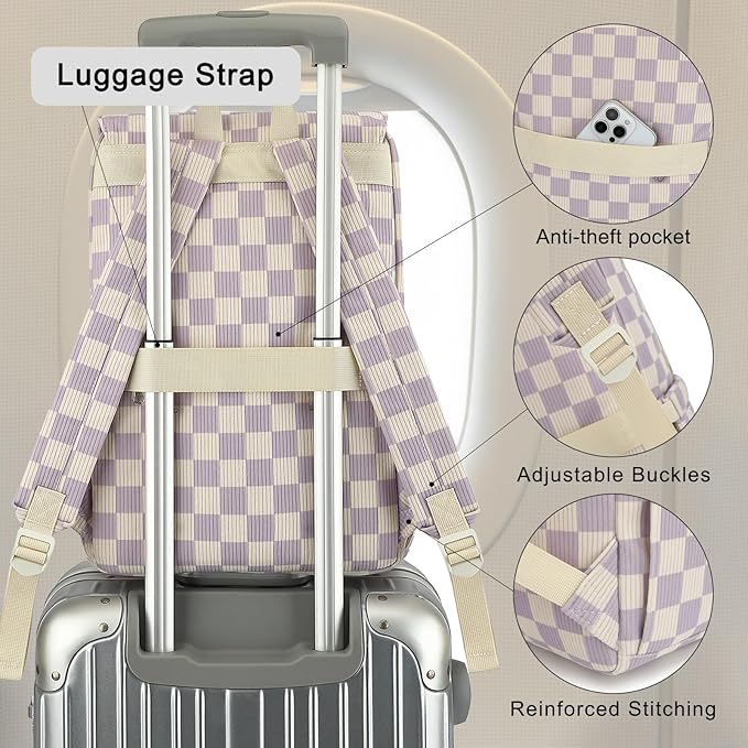 Corduroy Travel Backpack for Women, 15.6 Inch College Laptop Backpack, Fashion School Bookbag Work Backpacks (Corduroy Checkered Purple)