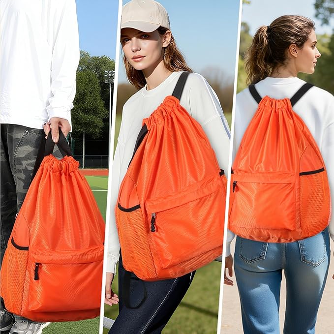 Drawstring Backpack, Gym Bag with Water Bottle Pocket, Waterproof String Backpack for Soccer, Basketball, Swim for Women Men (Orange)