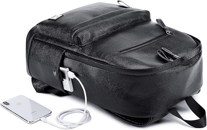 weiatas Black Leather Laptop Backpack for Men Women Work Travel, College School Backpack Casual Daypack fits 15.6 Inch