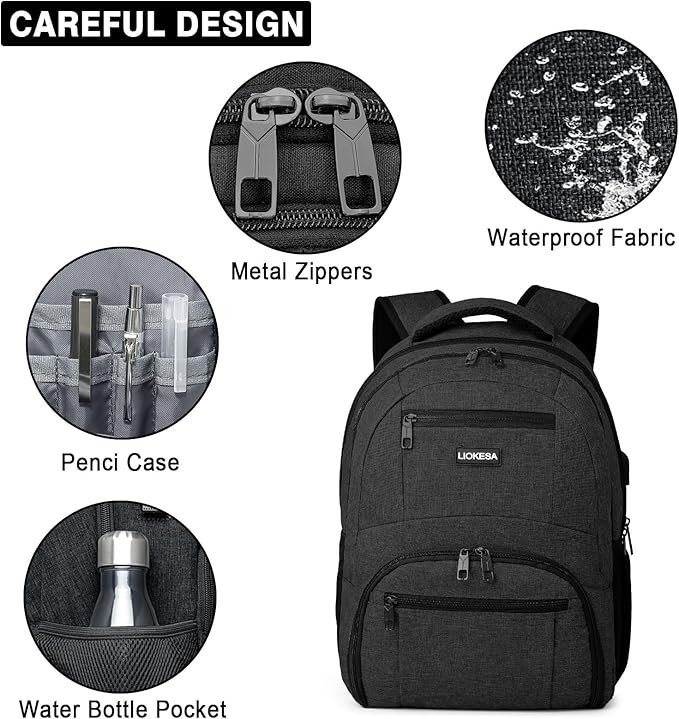 Backpack for Men Women, School Backpacks for Teen Boys Girls, Water Resistant Laptop Backpack with USB Charger, 15.6 Inch Black College Bookbag