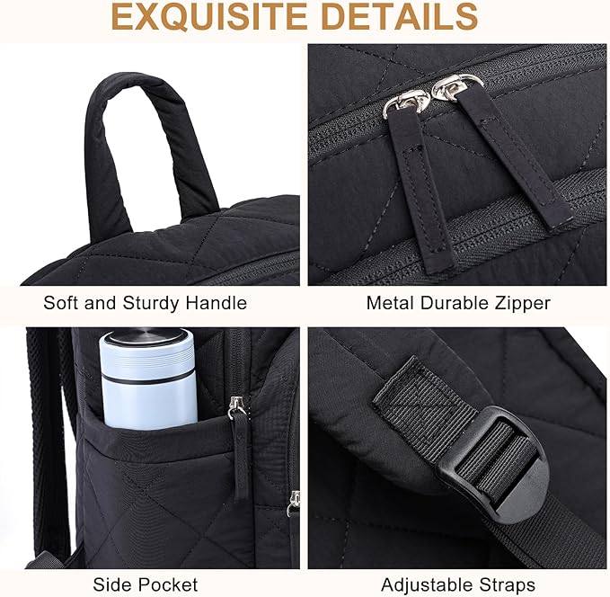 Backpack for Men and Women, School Backpack for Boys Girls, Quilted Casual Travel Daypack, Water-Resistant Bookbag for 15.6 Inch Laptop, Black