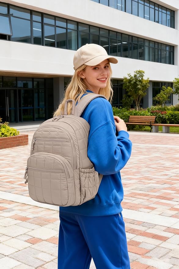 Bookbag for Women, Teen Girls Backpack for High School College Student, Puffer Quilted Back Pack Cute Laptop Backpack for Work Travel Mom Casual Daypack, Camel