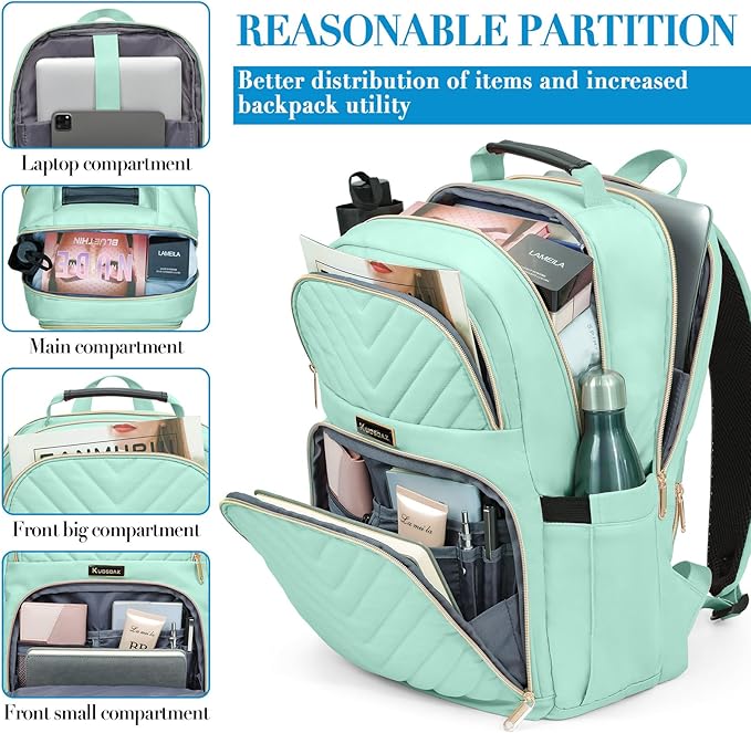 Backpack for Men Women, School Backpack for Boys Girls, 15.6 Inch Quilted Laptop Backpack, Large High School Bookbags for Teens, Teal
