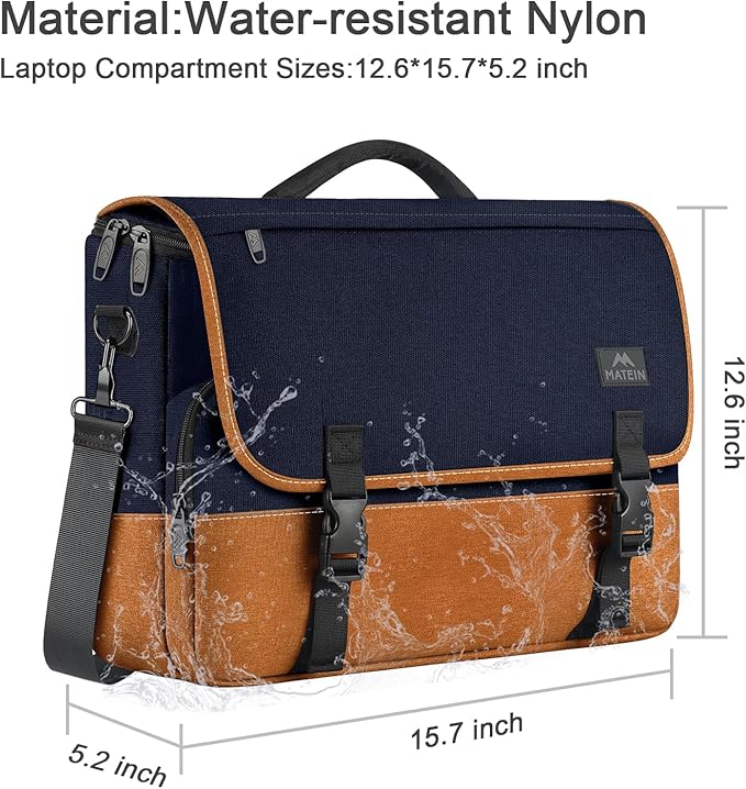 MATEIN 15.6 inch Laptop Bag, Briefcases Lightweight Men's Messenger Bag with Shoulder Strap, Large Water Resistant Crossbody Satchel Computer Case for College Work, Blue & Brown