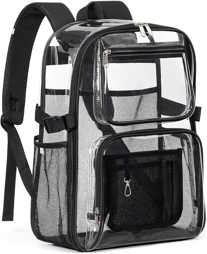 Large Clear Backpack Heavy Duty, 17 inch Clear Bookbag for Boys Girls Women Men, See Through Transparent Backpack With All-Around Reflective Strips for College Work Travel,Black