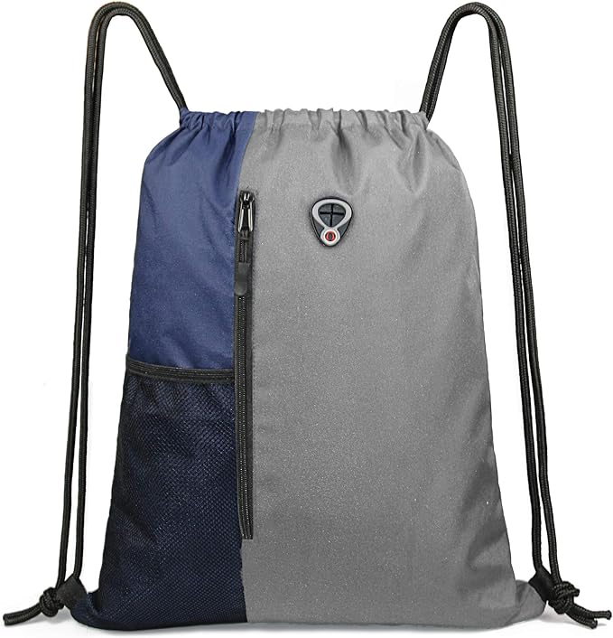 BeeGreen Grey Drawstring Backpack Sports Gym Bag For Women Men Large Draw String Bags Pack With Zipper and Water Bottle Mesh Pockets Workout Bag