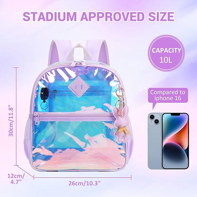 Clear Backpack for Stadium Events Approved 12×6×12, Thick TPU Mini Clear Bag with Front Pocket for Concert Sport Events Work Travel, Purple Iridescent
