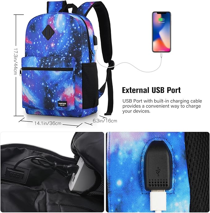 YAMTION Unisex School Backpack,Casual Bookbag Adults and Teens Schoolbag with USB Port for High School College Office Work Travel