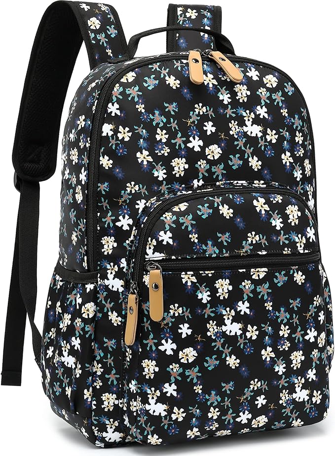 Leaper Laptop Backpack for Women: Cute Girls Backpack Floral for School College Travel Work - Lightweight Bookbag for Kids Teens - Aesthetic Back Pack Hiking Daypack for Teacher (Black-White Flower)