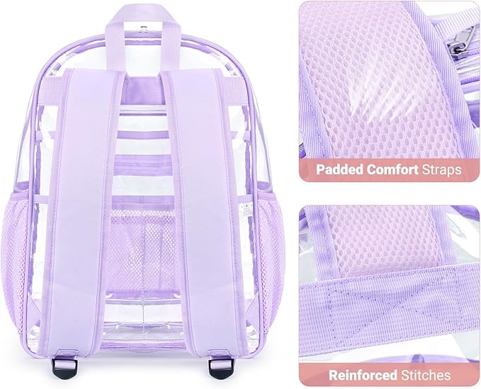ZORFIN Clear Backpack Heavy Duty for School & Work – 17in Transparent PVC Bag with Large Capacity & Reinforced Straps – See Through Bookbag for Girls Women, Workplace Security - Purple