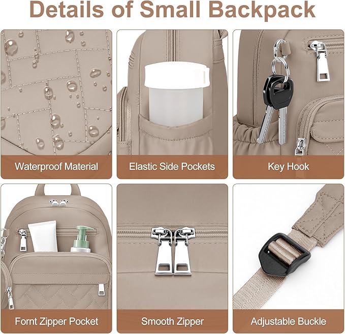 Mini Backpack for Women Small Backpack Purse, Anti Theft Backpack Waterproof Lightweight Puffer Back packs for Travel, Work with Coin Purse Khaki
