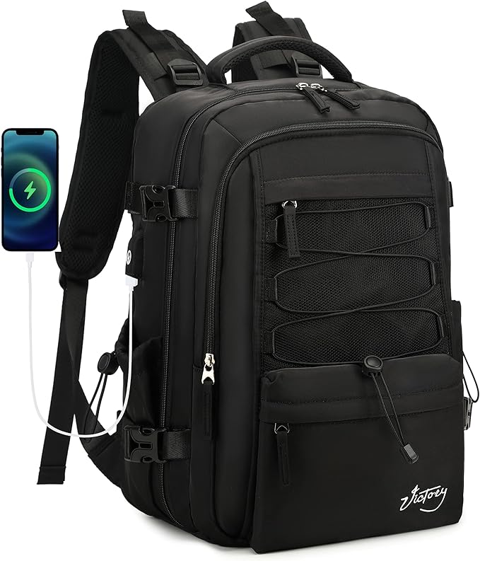 Travel Backpack for Women Men 15.6 Inch Laptop Backpacks with USB Port Carry on Bag Airline Approved Large College School Bookbags Waterproof Work Business Sport Rucksack Casual Daypack (Black)