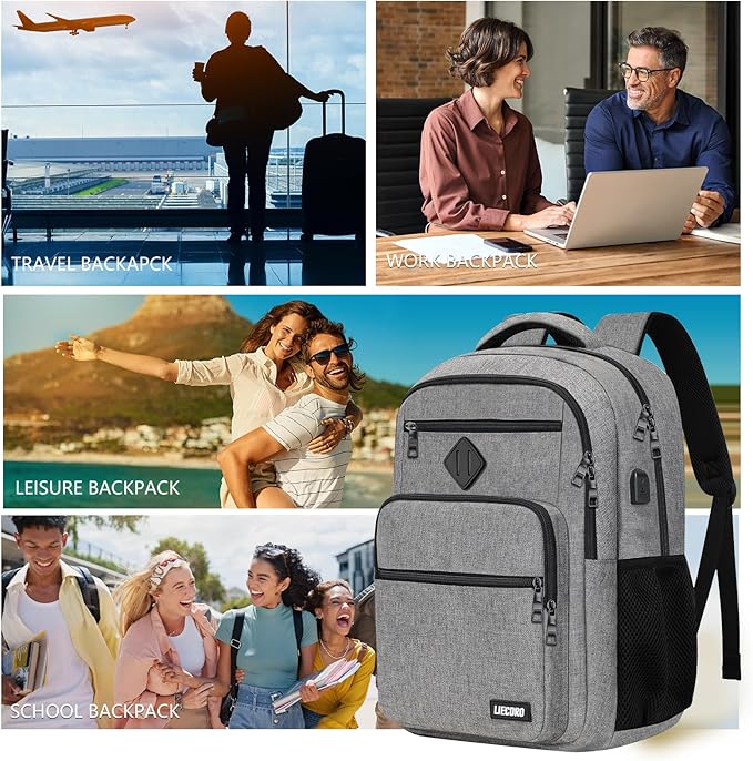 School Backpack for Boys Girls Teens, Grey Backpack for Men Women, 15.6 inch Laptop Back Pack with USB Charging Port, Backpacks for School Business Work College Travel, College Book Bag, Bookbag