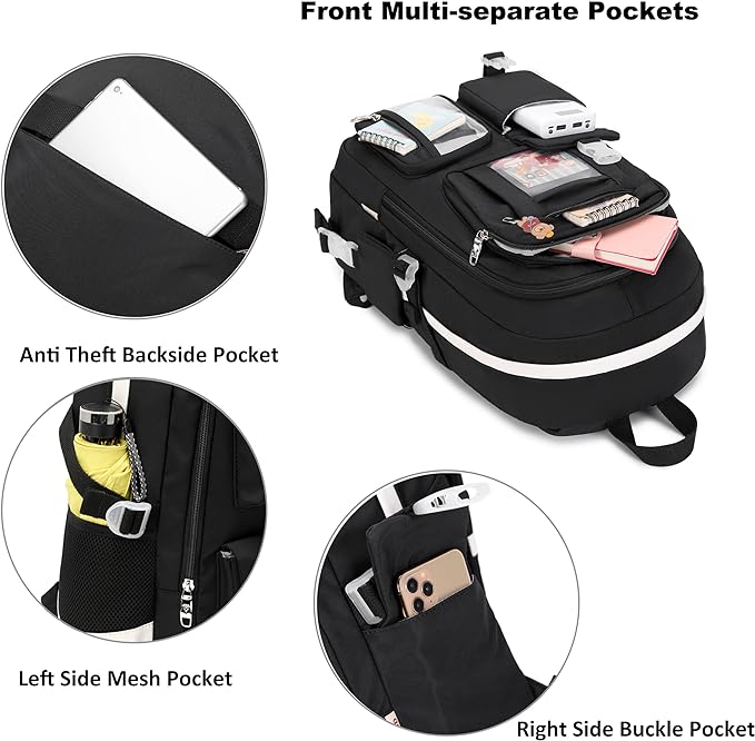 Backpack for Girls with Accessories Laptop Bookbags 16 Inch Kawaii Kids Elementary Middle High School Bag College Travel Daypack Gifts for Teens Women Students (Black)