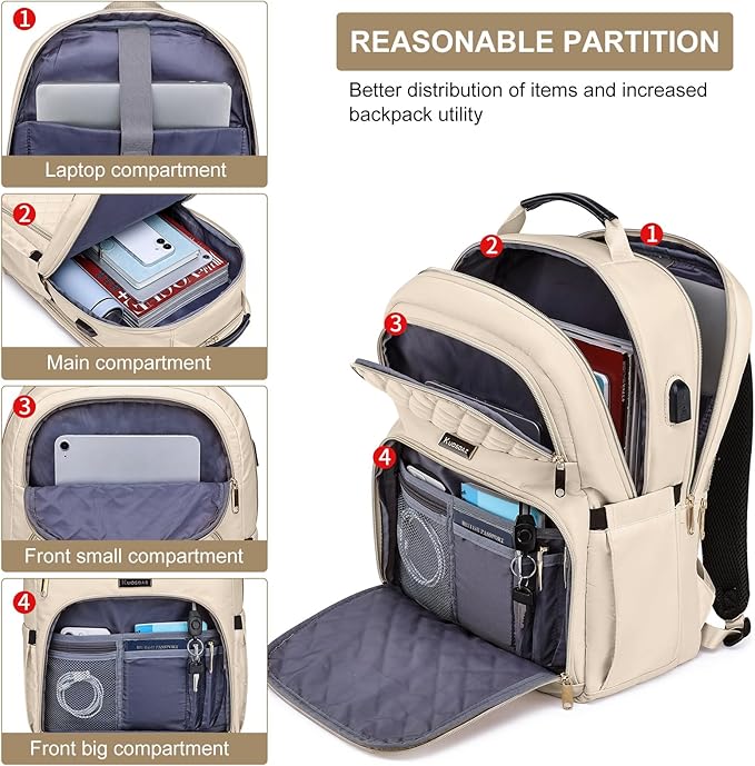 Backpacks for Women, School Backpack for Teen Girls, 15.6 Inch Cute Quilted Laptop Backpack with USB Charging, Large Bookbag for Middle School College Students,Beige