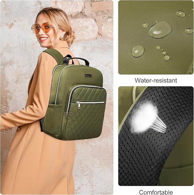 Modoker Eco-Friendly 15.6 Inch Women's Laptop Backpack, Quilted Work and Travel Backpack with USB Charging Port, Green